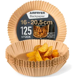 Moritz & Moritz Airfryer Backpapier Rund Ø 16 cm (unten 16 cm, oben 20,5 cm) - 125 Stück Einweg-Einlagen mit Randhöhe 4,5 cm - Antihaft & fettabweisend - bis 220°C - für 2-4,5 L Heißluftfritteuse