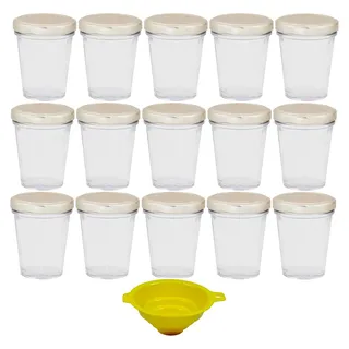 Viva Haushaltswaren - 15 x kleines Becherglas / Marmeladenglas 80 ml mit silberfarbenem Deckel, Vorratsdosen Set als Einmachgläser, Gewürzgläser, für Kuchen im Glas etc. (inkl. Trichter)
