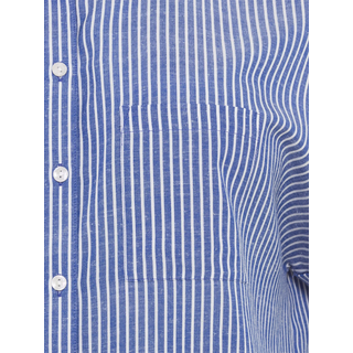 Hemdbluse LASCANA, Damen, Gr. 36/38, blau (blau, weiß gestreift), Web, Obermaterial: 58% Viskose, 28% Baumwolle, 14% Leinen, gestreift, figurumspielend hüftlang, V-Ausschnitt, mit Umschlag, Blusen Hemdbluse, aus Leinenmix mit Knopfleiste, Leinenbluse, Kurzarmbluse
