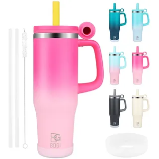 BOGI 40oz Thermobecher mit Strohhalm und Henkel, 1200ml Kaffeebecher To Go mit Deckel Edelstahl Isolierbecher mit Griff Auslaufsicher Tumbler Cup Tragbare Autobecher Tumbler Becher Reisebecher