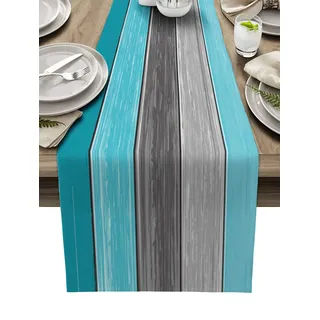 Vandarllin Farmhouse Baumwoll-Leinen-Tischläufer, Kommode, Schal, Retro-Stil, rustikale Scheunenholzstruktur, Ombre, Aquablau, Grau, rutschfest, rechteckig, Urlaub, 177.8 cm lang