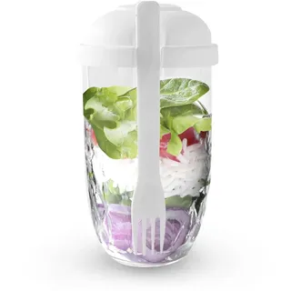 CheurYae 2 Stück Salatbecher, Tragbare Salatbox Salatbecher mit Gabel und Salatdressingbehälter, Wiederverwendbarer Gemüsesalat Obstbecher Behälter für Arbeit, Schule, Camping (White)