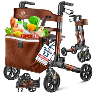 KESSER Leichtgewicht Rollator faltbar mit Sitz, Griff, Tasche, schmal für Senioren Wohnung, Klappbar, Höhenverstellbar, Reflektoren | All Gelände Reifen Indoor-& Outdoor, Gehhilfe, Laufhilfe, Braun