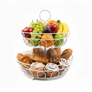 Relaxdays Obst Etagere, 2-stöckig, Metall, HxD: 30 x 31 cm, Obst & Gemüse, mit Griff, runde Obstschale, Obstkorb, weiß