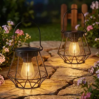 Kimjo Solarlampen für Außen Hängend/Stehend, IP65 Wasserdicht Solarlaterne für Außen, Solar Laternen für Draußen mit LED Glühbirne, Metall Solarleuchten für Balkon Terrasse Rasen Hof Garten, 2 Stück