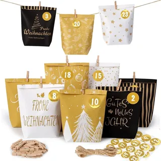 Adventskalender zum Befüllen, 24 Papier Tüten mit Zahlenaufkleber und Clips, 18x22x6 cm