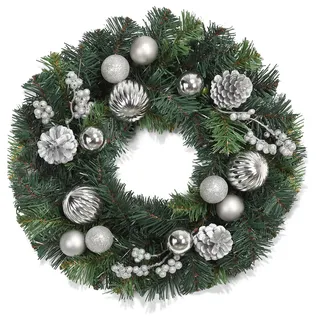 40 cm Weihnachtskranz, künstlicher Kranz für die Haustür, Tannennadelkranz mit Weihnachtskugeln, Tannenzapfen, Beeren – Silber