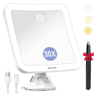 Auxmir 30X Schminkspiegel mit Beleuchtung, 2000mAh Aufladbar Kosmetikspiegel mit Saugnapf, 3 Lichtfarben Dimmabr Helligkeit, 30fach Vergrößerungsspiegel mit Licht, 360° Drehbar, Tragbar für Bad, Reise