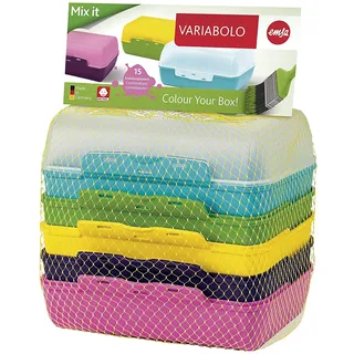 Emsa Clipboxen 3er-Set Variabolo 509388 | 6 Halbschalen für 3 Dosen | Beliebig zusammensetzbar | Spülmaschinengeeignet | Besonders für Kinder geeignet, Bunt, 15 x 3,5 x 10 cm