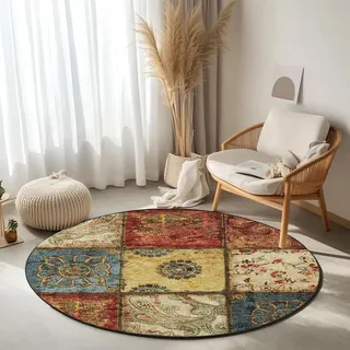 WTHYGB Vintage Rund Teppich Waschbarer, 180cm Runder Wohnzimmer Schlafzimmer rutschfest Carpet, Kunstwolle Küchenteppich, Weicher Kreis Teppich für Kinderzimmer Esszimmer Büro #Y20