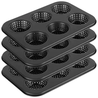 HEIYUET 4 Stück 6er Brötchen Backform Metall, Brötchenblech mit Löchern, Muffin Backform 6er Blech, Perforiert Brötchenform Antihaft für klein Muffins, Hitzebeständig bis 230°C