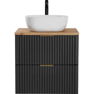 Badezimmerschrank 60 cm schwarz matt Eiche Wotan mit Waschbecken und Arbeitsplatte - Schwarz