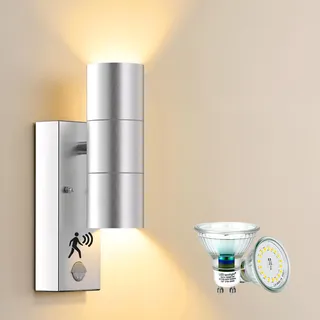 Allesgute LED Außenleuchte mit Bewegungsmelder IP44 Modern UP Down Wandleuchte Aussen Gebürstet Edelstahl Wandlampe für Garten Balkon, Inkl. 5W 500LM GU10 Leuchtmittel Warmweiß
