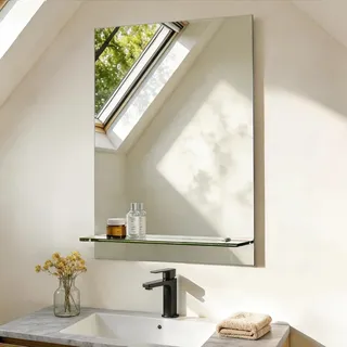 S'AFIELINA Badspiegel mit Ablage 70 × 50 × 1,0 cm (H × B × T) Spiegel mit Ablage Badezimmer Spiegel Wandspiegel mit Regal - Transparent