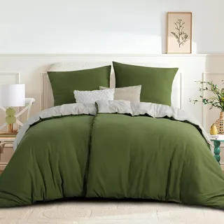 RUIKASI Bettwäsche 135x200 Olive Grün Beige 4teilig - Wendebettwäsche Bettbezug 135 x 200 mit Reißverschluss, Oeko-TEX Mikrofaser Bettwäsche Sets, Weich und Bügelfrei