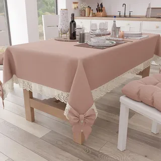 PETTI Artigiani Italiani - Tischdecke, Tischdecke, rechteckige Küchentischdecke mit Sangalla-Spitze und Schleifen, Tischdecke einfarbig aus Baumwolle, X6-Sitzer (140 x 180 cm) Puder