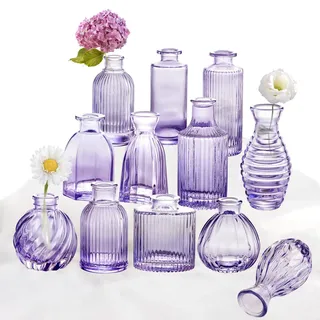 Glasvasen, klein, für Blumen, Moderne gerippte, farbige Knospenvasen für Dekoration, Hochzeit, Blumenvase in Großpackung, Vintage-Dekor, Brautparty, Tafelaufsatz, Heimtischdekoration, Violett, 12