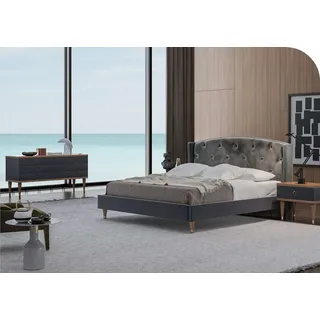 Graue Schlafzimmer Garnitur Luxus Set Doppelbett 2x Nachttische Kommode - Grau