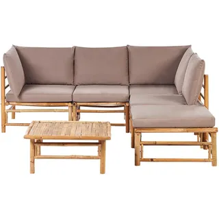 Beliani Lounge SET 5-Sitzer Bambusholz hellbraun 3-teilig Auflagen taupe Cerreto , Taupe , Holz , Gartenmöbel, Gartengarnituren, Gartenmöbel-Sets