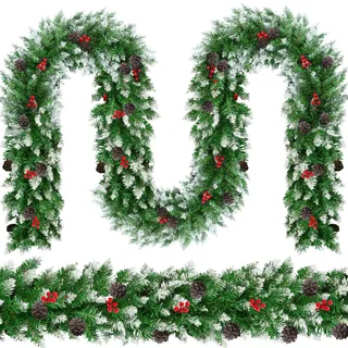 DTYDECLE 270cm/8.86Ft Weihnachtsgirlande mit Schnee, Künstlich Weihnachten Tannengirlande mit Kiefernzapfen und rote Beerenfrucht für Treppen Haustür Girlande Outdoor & innen Weihnachten