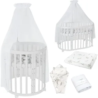 Waldin Babybett OWAL Kinderbett 7in1 mit Matratze, mitwachsendes Kinder-Bett,Stoffe Weiß Zweige,Holz weiß - Weiß