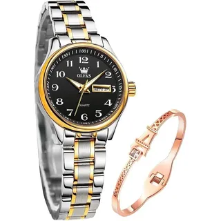 Damenuhren Gold Silber Leicht zu Lesen Armbanduhren für Damen mit Kleines Gesicht Tag Datum Edelstahlband wasserdichte