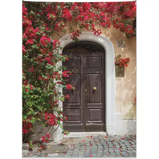 Abakuhaus marokkanisch Wandteppich, Alte Tür mit Blumen aus Weiches Mikrofaser Stoff Kein Verblassen Klare Farben Waschbar, 110 x 150 cm, Mehrfarbig