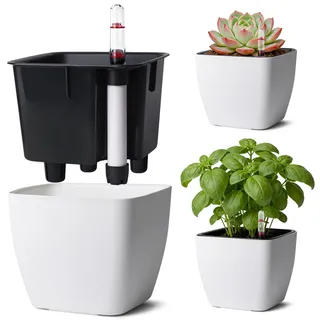 T4U 3Pcs 12,5cm Eckig Selbstbewässerungstopf mit Wasserstandsanzeige, Blumentopf für vielbeschäftigte Anfänger und Gärtner, geeignet für Basilikum/Petersilie, für den Innen und Außenbereich (Weiß)