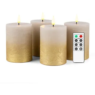 Fanna 4 LED Flammenlose Echtwachs kerzen Rustikale Design, Batteriekerzen mit Timer für Weihnachten Dekorationen und Advent, Fernbedienung und Batterien enthalten - H 10cm - Sandgrau/Gold