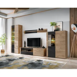 Wohnwand ARON mit Rillenfront und Bio Ethanol Kamin LED und Push - Click - Eiche Ribbeck, Schwarz - 320 cm X 192 cm X 45 cm