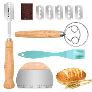 Mispudin 4er Bäckermesser Set, Brot Einschneidemesser mit 5 Bäckerklingen | Lederschutzhülle, Dänischer Schneebesen, Teigschaber, Backpinsel, Sauerteig Zubehör, Brot Backen Zubehör für Gärkörbchen