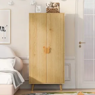 Kinderschrank - Freistehender Kleiderschrank mit Doppeltür - 70 x 55 x 170 cm - MDF - Geräumiger Stauraum - Cartoon-Griffe - Erhöhte Füße - Natur