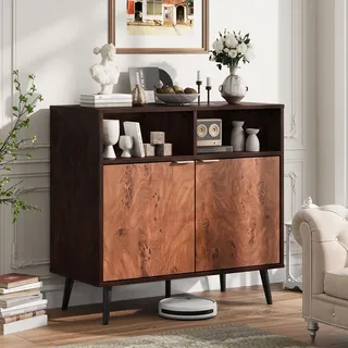 GarveeHome Sideboard mit Metallgriffen, Buffet mit 2 halboffenen Staufächern, Schrank mit Vintage-Türen, für Wohnzimmer und Esszimmer, 80 x 40 x 80 cm, Walnuss
