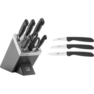 ZWILLING Selbstschärfender Messerblock, 7 teilig, grau, Vier Sterne & 38115001 Gemüsemesser-Set, 3 tlg, Kunststoff, schwarz