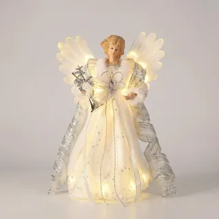 Valery Madelyn Weihnachtsbaumspitze 31cm Engel mit Feder Flügeln Christbaumspitze batteriebetriebe Bunte LEDs beleuchtete Baum-Spitzenengel Figur Silber Weiß