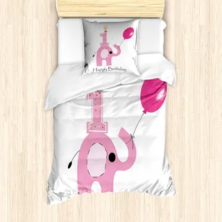 ABAKUHAUS 1. Geburtstag Mantele, Mädchen-Partei-Elefant, Milbensicher Allergiker geeignet mit Kissenbezügen, 135 cm x 200 cm - 80 x 80 cm, Pale Pink Weiß