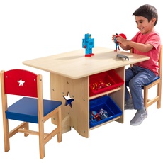 KidKraft Stern Kindertisch mit Stauraum und 2 Stühlen aus Holz - Kindersitzgruppe mit Aufbewahrungsbox, Kinder Tisch Stuhl Set, Kinderzimmer Möbel, 26912