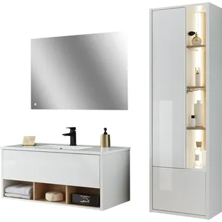 Badmöbel-Set HOME AFFAIRE "Studio Line, Bad im modernen Design, 3-teiliges Badezimmer", weiß (weiß, weiß, applikation eiche dekor), Kastenmöbel-Sets, Badmöbel-Set, Schrank, Waschtisch und Spiegel, in zwei Farben verfügbar, Stauraum