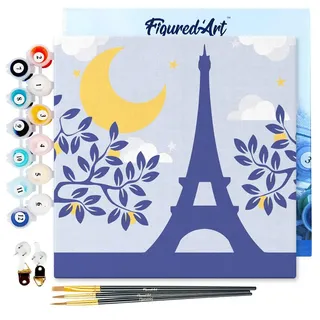 Figured'Art Mini Malen Nach Zahlen Erwachsene Mit Rahmen 20x20cm Kleines Format - Paris unter dem Mond - Paint by Numbers Basteln DIY Bastelset Leinwand gespannt auf Holzrahmen