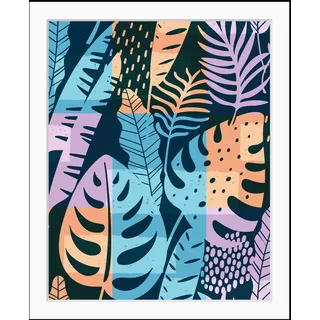 Queence "Sophia", Blumen Blumenbilder Blätter Blätterbilder Kunst HD Premium Poster-Druck inkl. Holzrahmen, farbe rahmen: schwarz, farbe bild(er): lila, blau, orange),