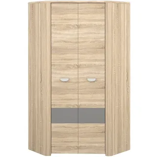 FORTE YOOP Eckschrank 95 100, Eckkleiderschrank Industrial Jugendzimmerschrank 2-türig mit Einlegeböden und Kleiderstange, Sonoma Eiche / Grau Matt, 97.5 cm breit x 194 cm hoch x 97.5 cm tief