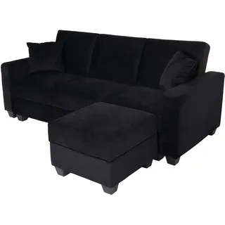 Mendler Sofa HWC-H47 mit Ottomane, Couch Sofa Gästebett, Schlaffunktion Stauraum 217x145cm ~ Samt schwarz