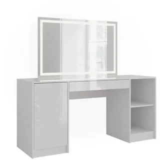 Vicco Schminktisch Sherry Weiß/Weiß Hochglanz 158.2 cm mit LED-Spiegel, Model 57653 - Weiß,