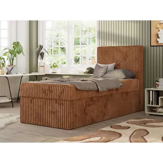MKS MEBLE Jugendbett TILIO, Einzelbett mit Stauraum, Cordstoff, Boxspringbett 90x200 mit 7-Zonen-Taschenfederkern H4 - Orange Cord - Rechts Seite - Orange