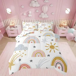 Erosebridal Regenbogen-Bettwäsche-Set für Mädchen, Sonne und Sterne, Doppelbettgröße für Kinder, Jungen, Kinder, Cartoon-Stil, Wolken-Bettwäsche, weiche Mikrofaser-Bettdecke für Schlafzimmer-Dekor