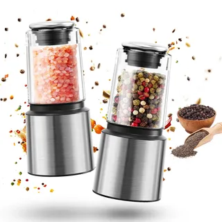 Euqvunn Salz und Pfeffermühle [2er Set], Manuelle Gewürzmühle 60 ml mit Keramikmahlwerk, Dichtungsdeckel und Kunststoffgehäuse, Kurze Pfeffer und Salzmühle aus Edelstahl, Silber