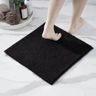 Decomira Badematte rutschfest | Als Badteppich Set kombinierbar | Badezimmer-Teppich Bad-Vorleger waschbar aus Chenille | Duschvorleger für Dusche, Badewannen, WC Vorleger | Schwarz - 45x45 cm
