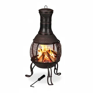 Relaxdays Aztekenofen, Schürhaken, Holzrost, Funkenschutzgitter, Garten, Terrasse, Antik Terrassenofen, Höhe 89 cm, Gold, 89 x 45 x 45 cm