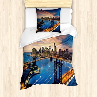 ABAKUHAUS New York Bettbezug Set für Einzelbetten, Sonnenuntergang Stadtbild, Milbensicher Allergiker geeignet mit Kissenbezug, Gold Marine - Gold