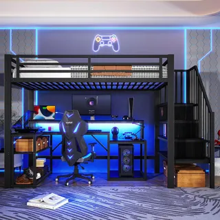 Flieks Etagenbett 90x200cm mit Schreibtisch und Ablagen, Jugendbett Hochbett mit Usb & Led, Kinderbett Stockbett mit Treppe, Metallbett Schwarz - Schwarz